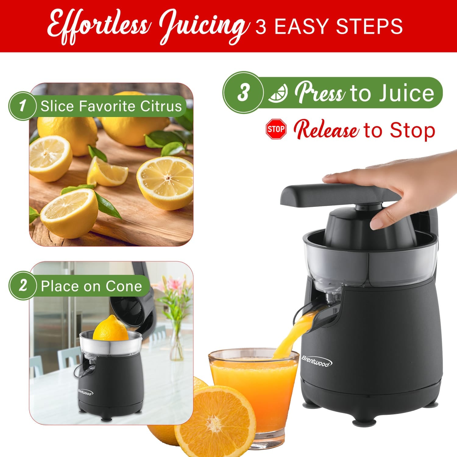 Brentwood 80-Watt 1-Speed Electric Citrus Juicer with Ergonomic Lever, Black