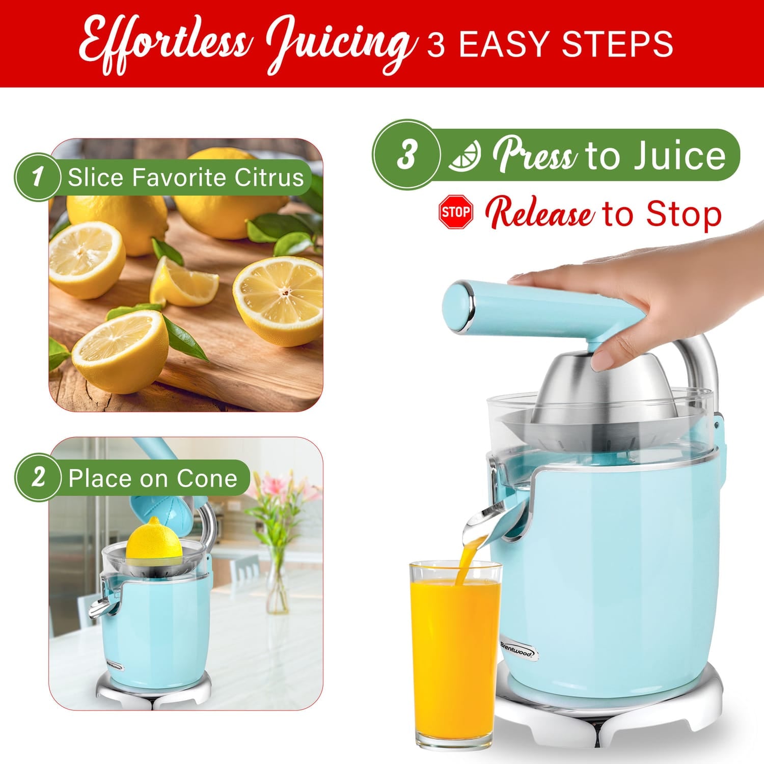 Brentwood 200-Watt 1-Speed Electric Citrus Juicer with 2 Cones and Stainless Steel Lever, Blue