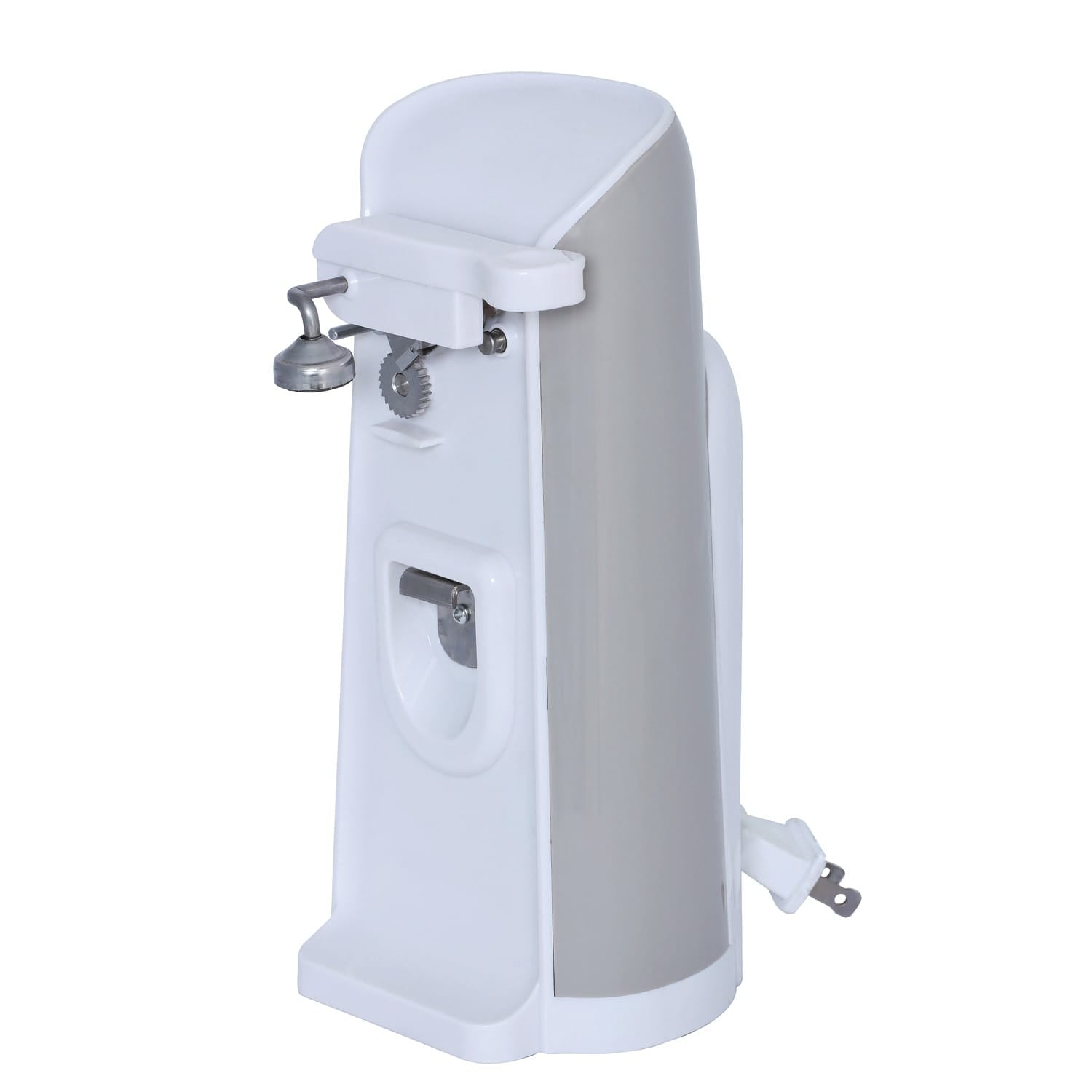 Brentwood Tall Electric Can Opener with Knife Sharpener & Bottle Opener, White