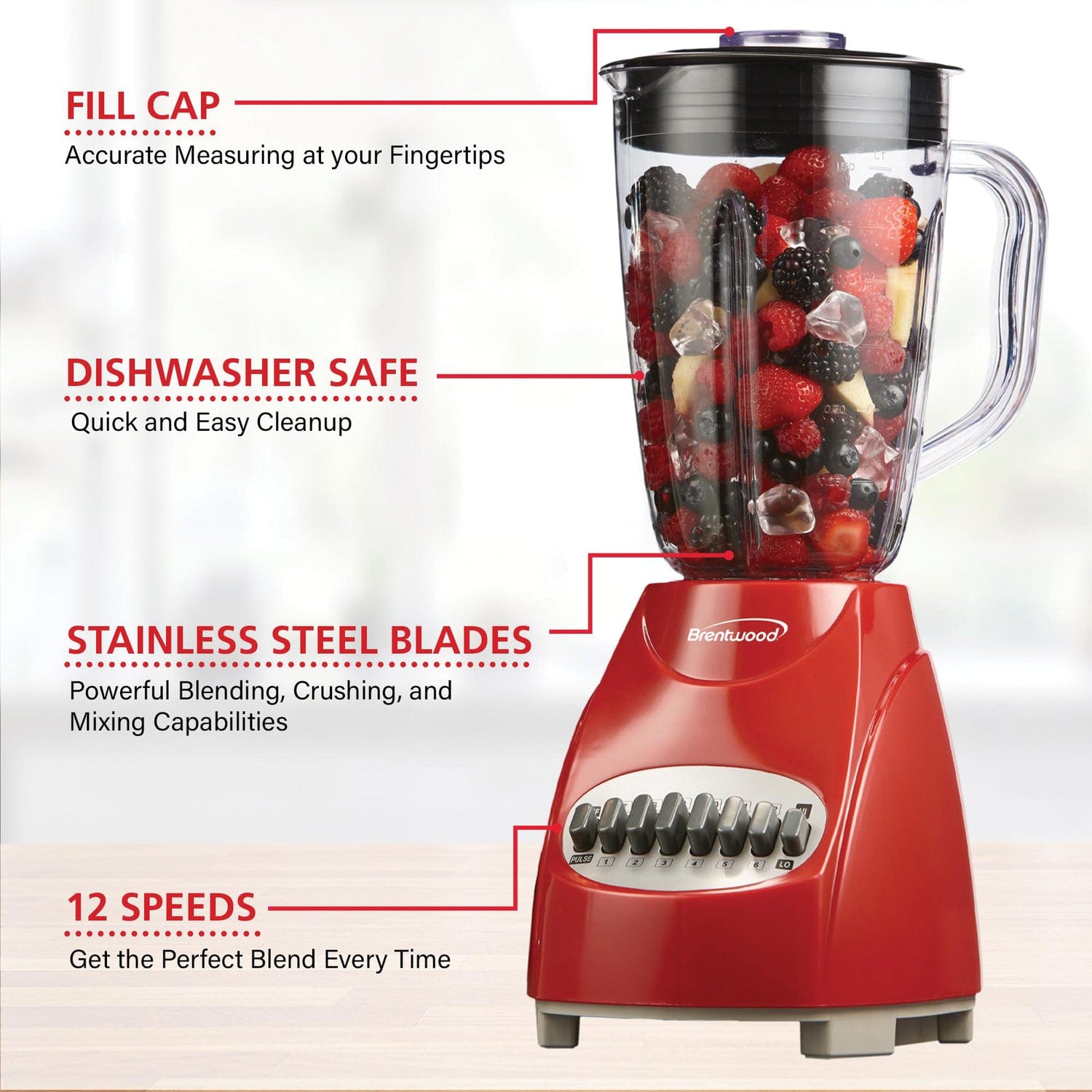 Brentwood 42-Ounce 12-Speed + Pulse Electric Blender with Glass Jar, Red