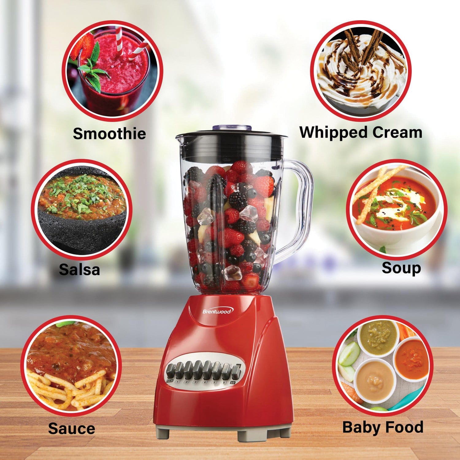 Brentwood 42-Ounce 12-Speed + Pulse Electric Blender with Glass Jar, Red