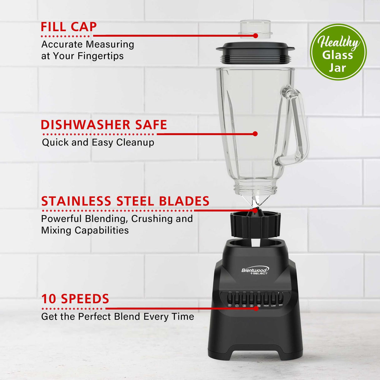 Brentwood Select 5.3-Cup 500-Watt 10-Speed Countertop Blender with Pulse Button
