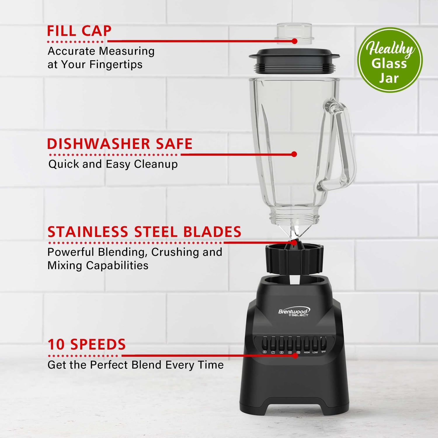 Brentwood Select 5.3-Cup 500-Watt 10-Speed Countertop Blender with Pulse Button