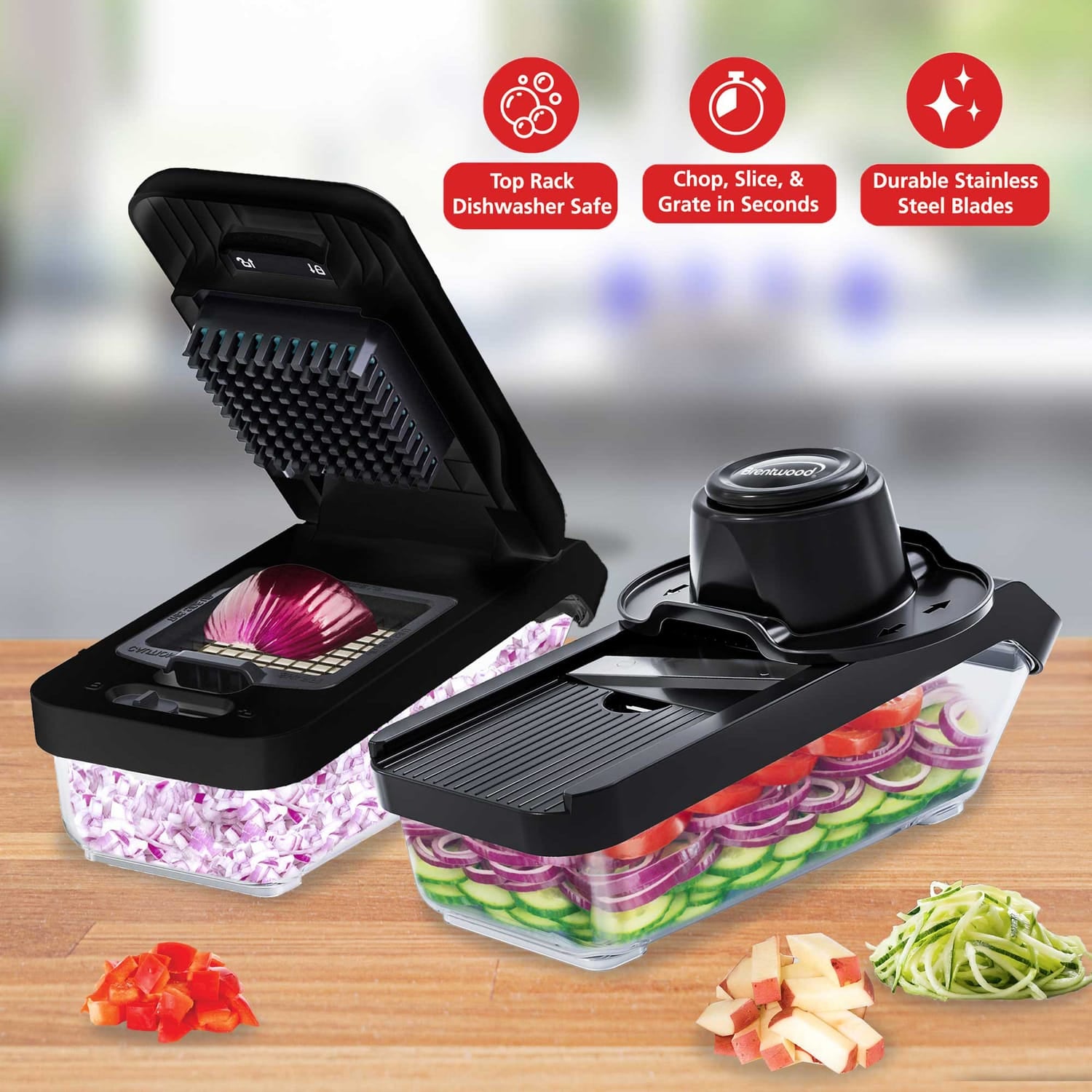 Brentwood All-in-One Food and Vegetable Chopper, Mandoline Slicer, and Cheese Grater with 4.25-Cup Storage, Black