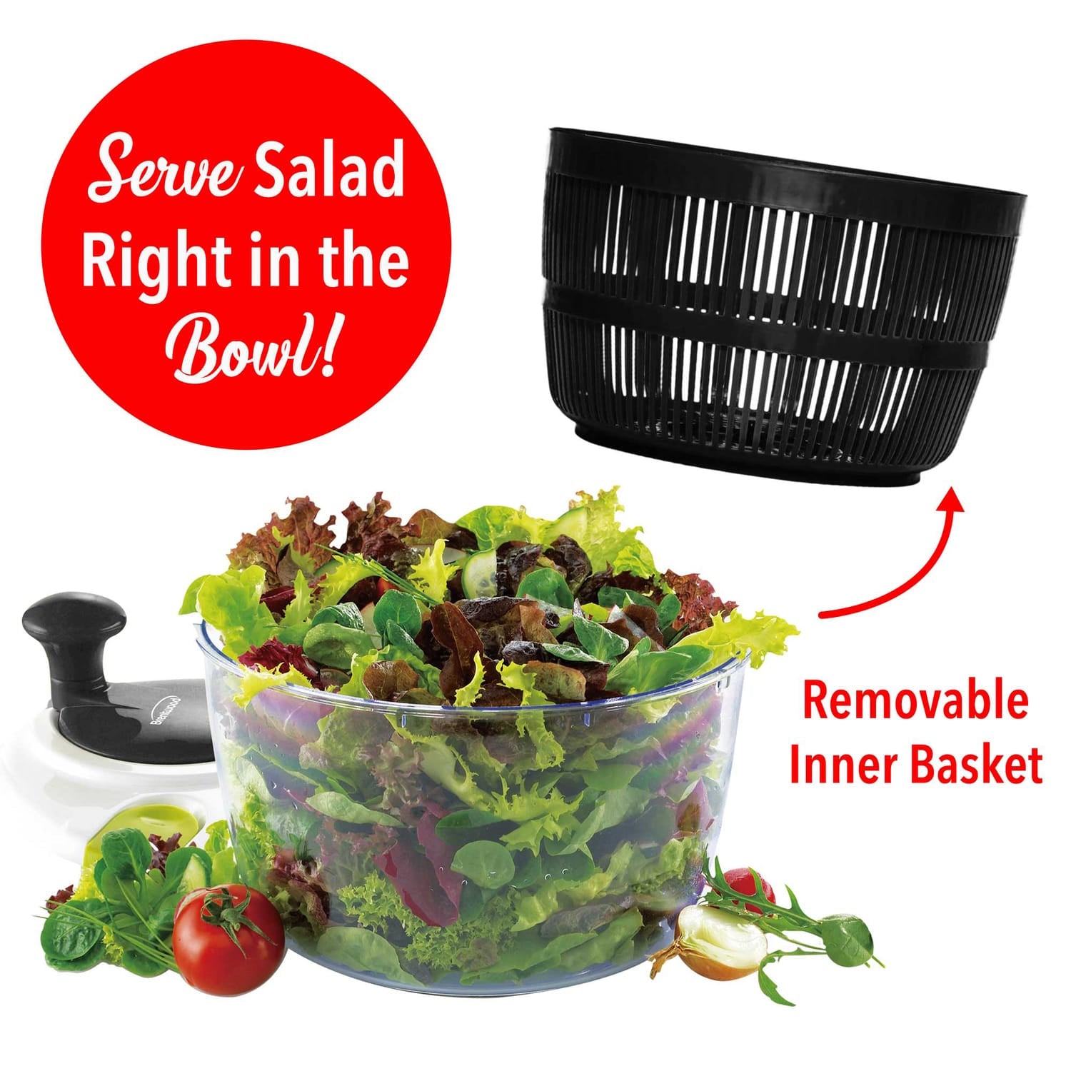 Brentwood Salad Spinner with 5-Qt. Serving Bowl, Black