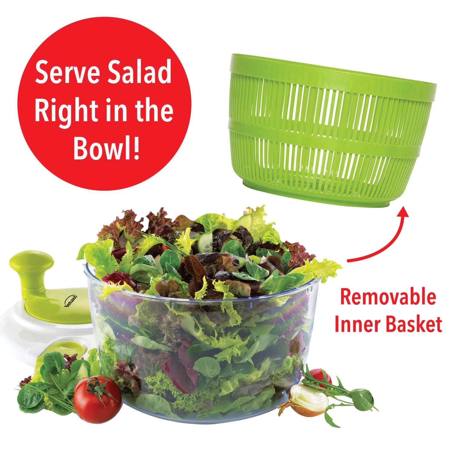 Brentwood Salad Spinner with 5-Qt. Serving Bowl, White