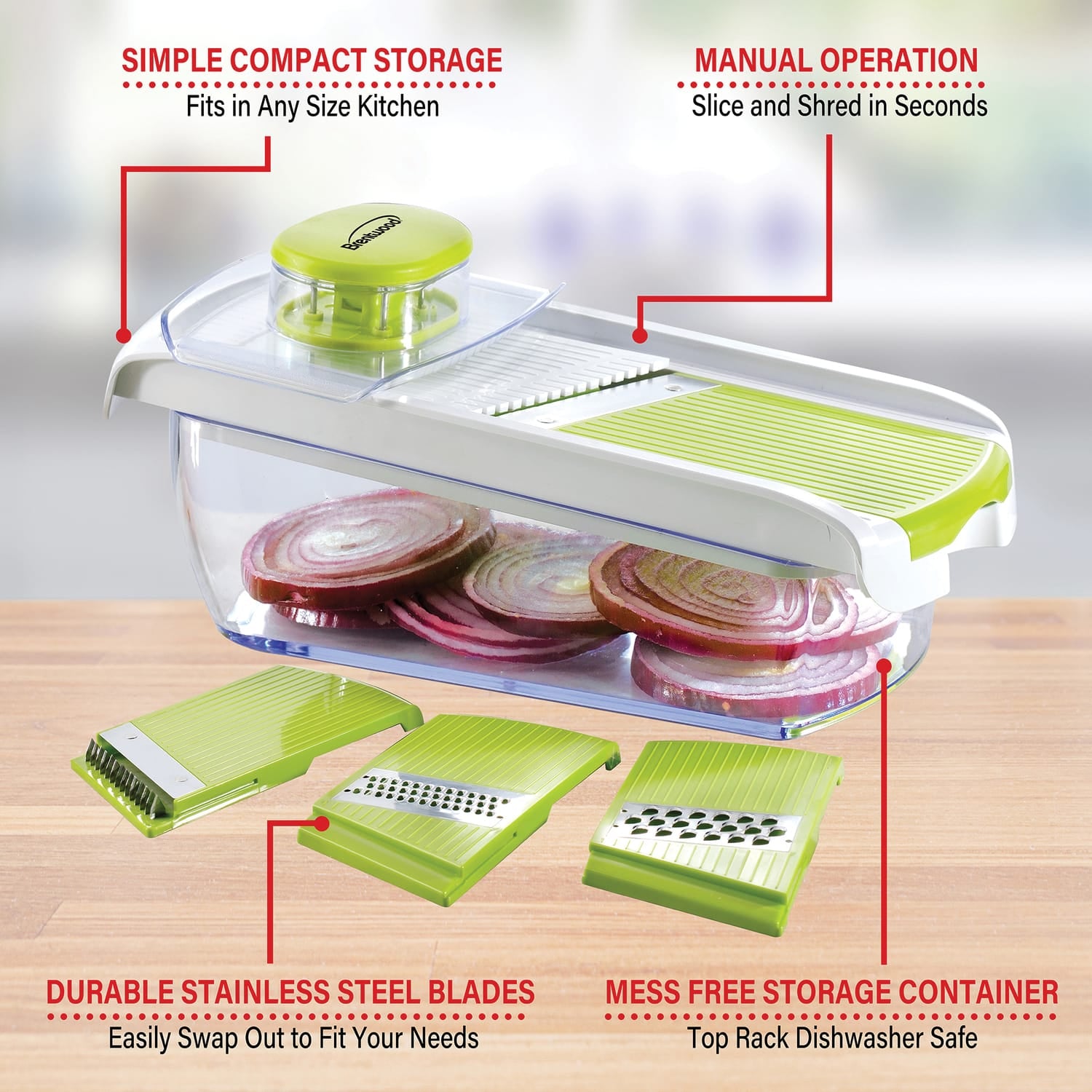 Brentwood Mandolin Slicer with 5-Cup Storage Container and 4 Interchangeable Stainless Steel Blades