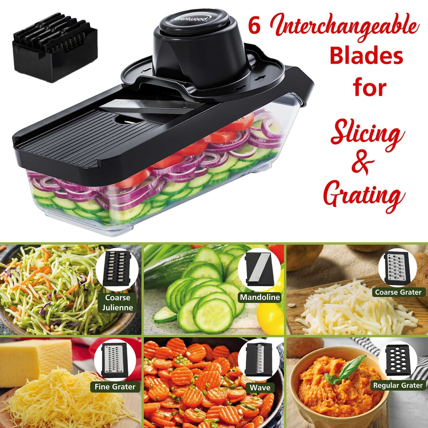 Brentwood Mandoline Slicer and Cheese Grater with 3.6-Cup Storage Container and 6 Interchangeable Stainless Steel Blades, Black