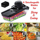 Brentwood Mandoline Slicer and Cheese Grater with 3.6-Cup Storage Container and 6 Interchangeable Stainless Steel Blades, Black