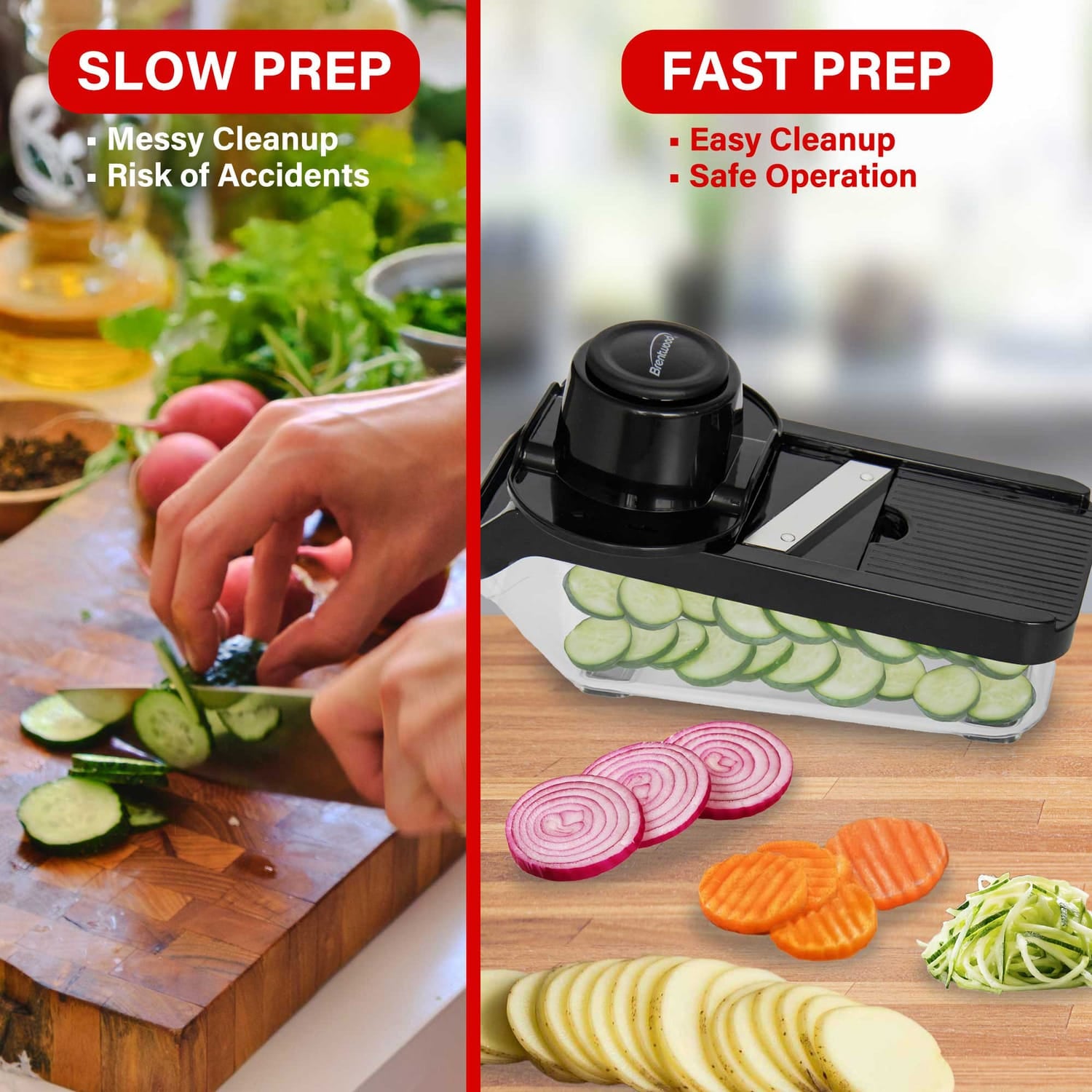 Brentwood Mandoline Slicer and Cheese Grater with 3.6-Cup Storage Container and 6 Interchangeable Stainless Steel Blades, Black