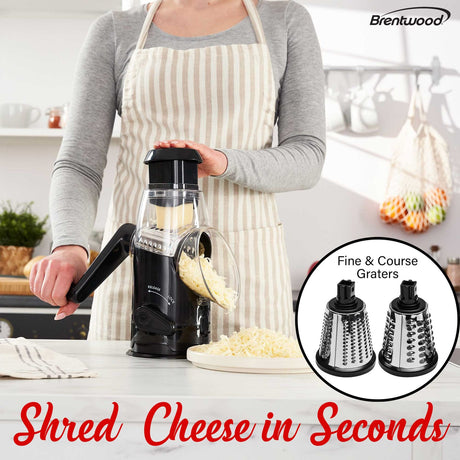 Brentwood Rotary Grater with Handle and Stainless Steel Drum Blades, Black