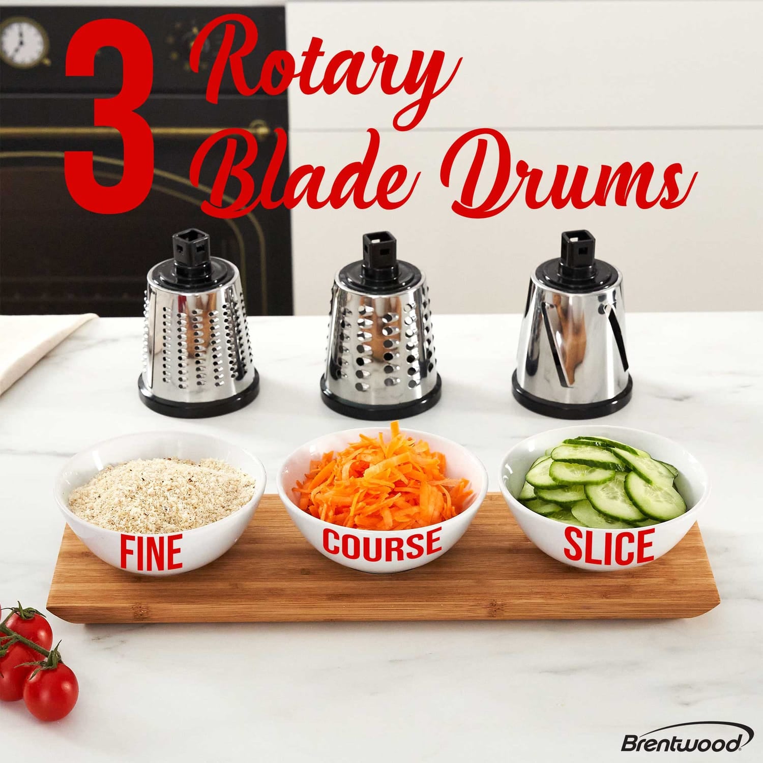 Brentwood Rotary Grater with Handle and Stainless Steel Drum Blades, Black