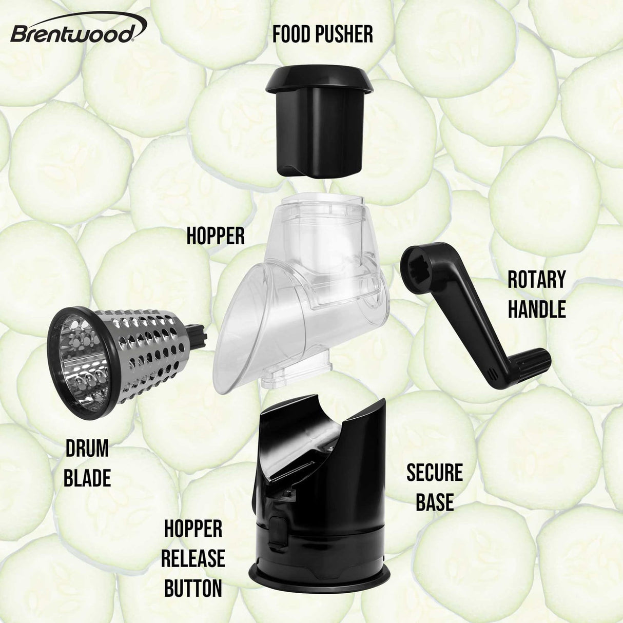 Brentwood Rotary Grater with Handle and Stainless Steel Drum Blades, Black