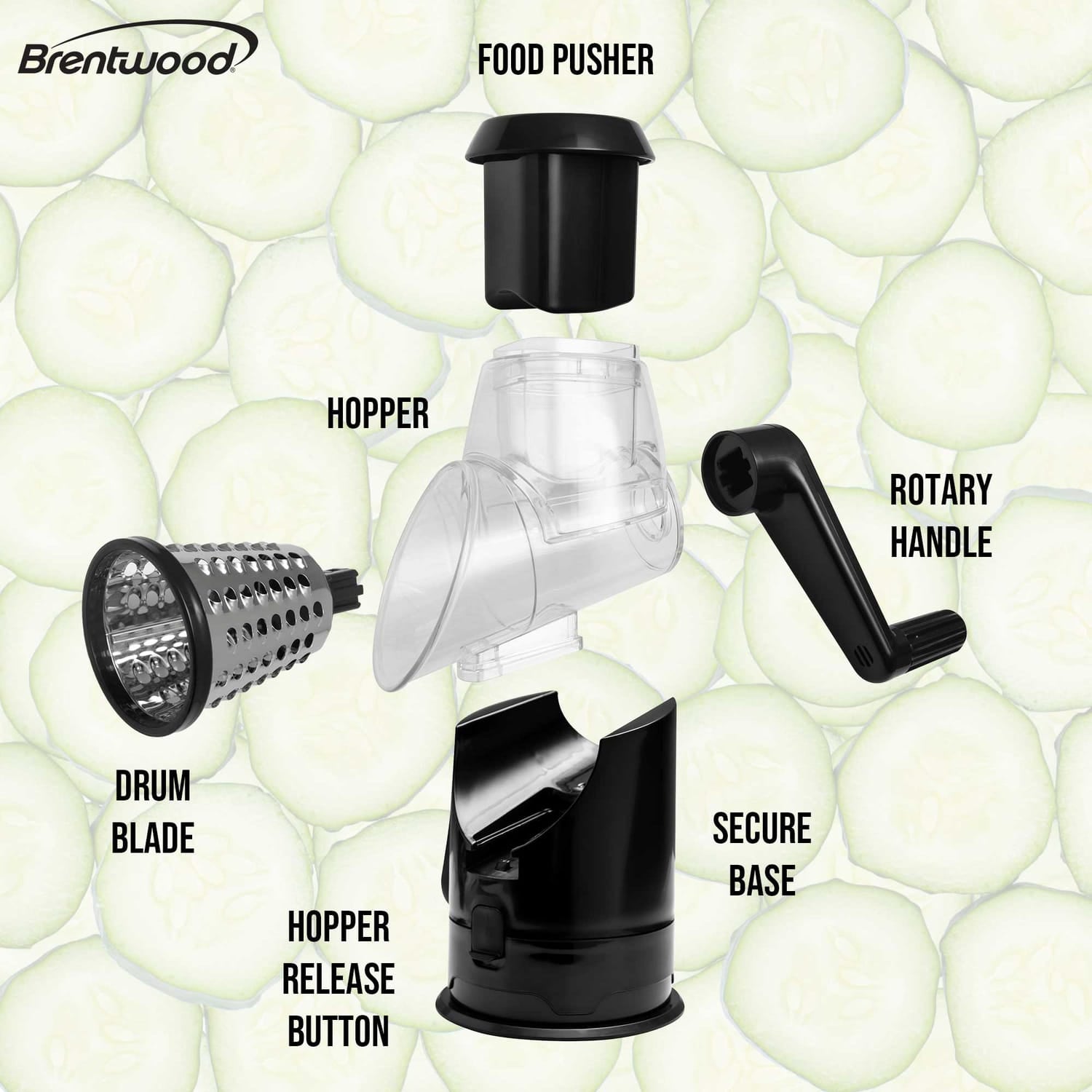 Brentwood Rotary Grater with Handle and Stainless Steel Drum Blades, Black