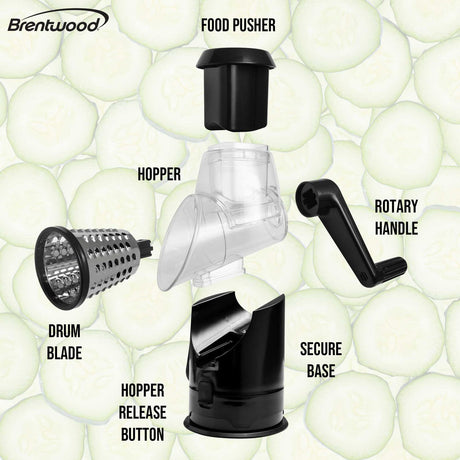 Brentwood Rotary Grater with Handle and Stainless Steel Drum Blades, Black