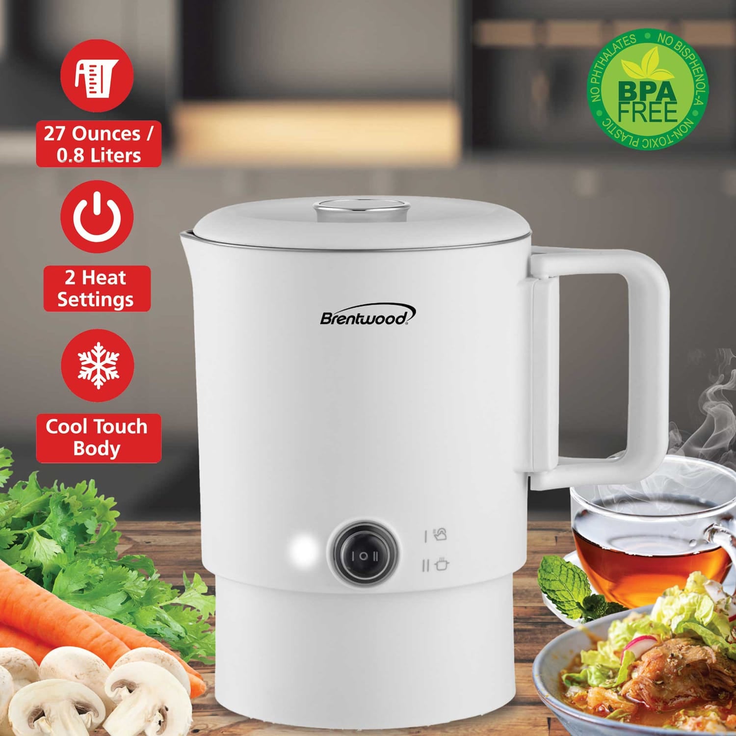 Brentwood 27-Oz. 650-Watt Electric Travel Kettle and Hot Pot, White