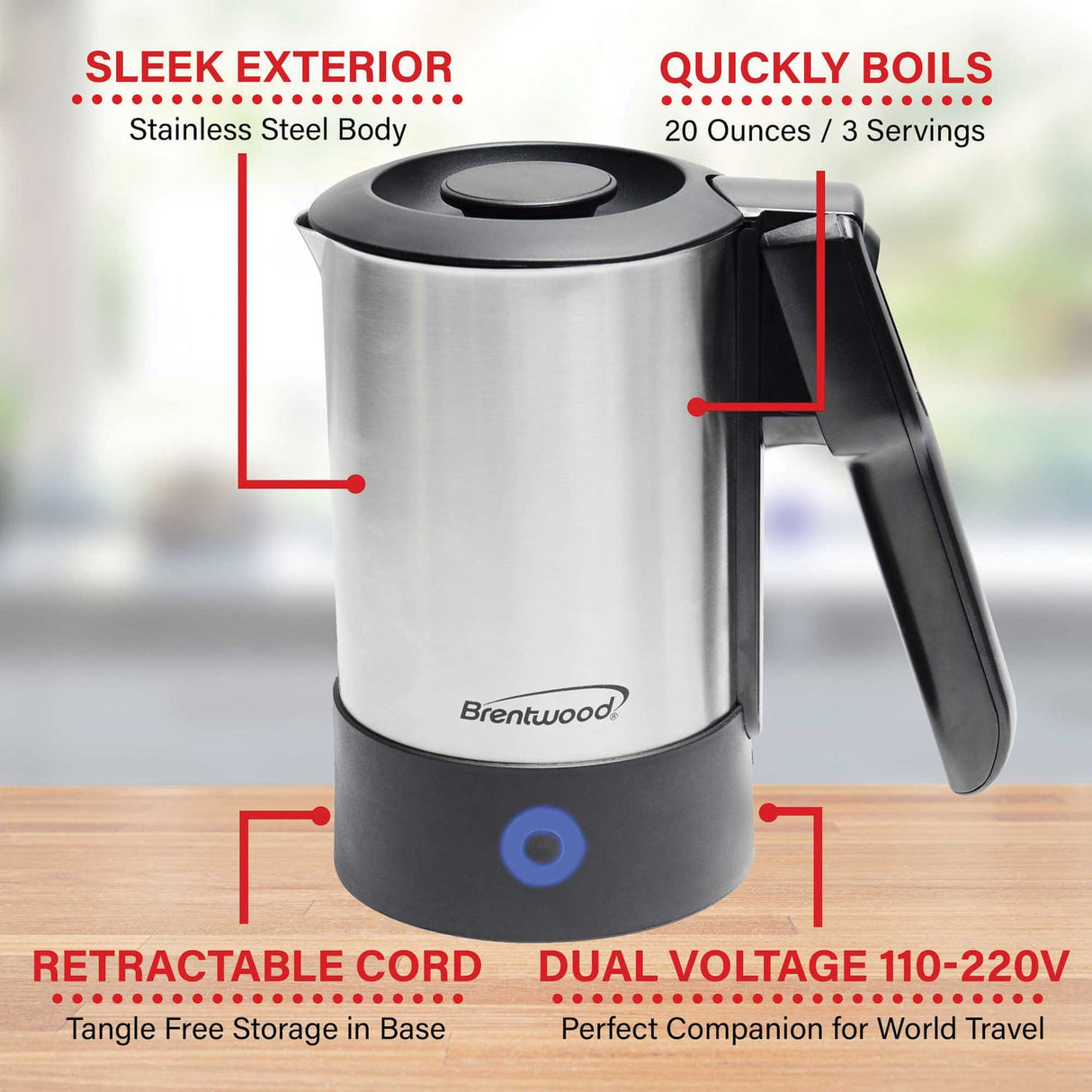 Brentwood KT-1506S 1000-Watt 20-Oz. Dual-Voltage Stainless Steel Electric Travel Kettle, Automatic Shutoff