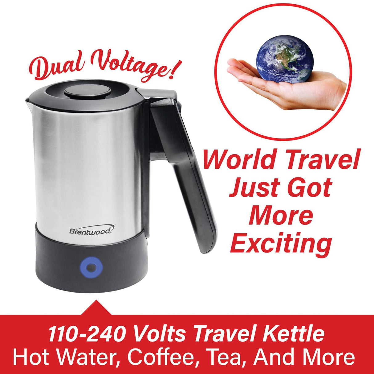 Brentwood KT-1506S 1000-Watt 20-Oz. Dual-Voltage Stainless Steel Electric Travel Kettle, Automatic Shutoff