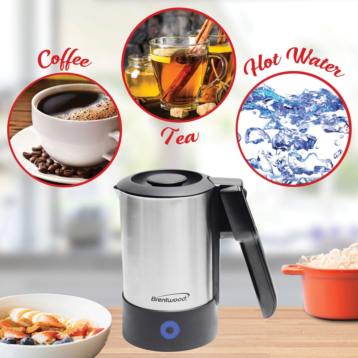 Brentwood KT-1506S 1000-Watt 20-Oz. Dual-Voltage Stainless Steel Electric Travel Kettle, Automatic Shutoff