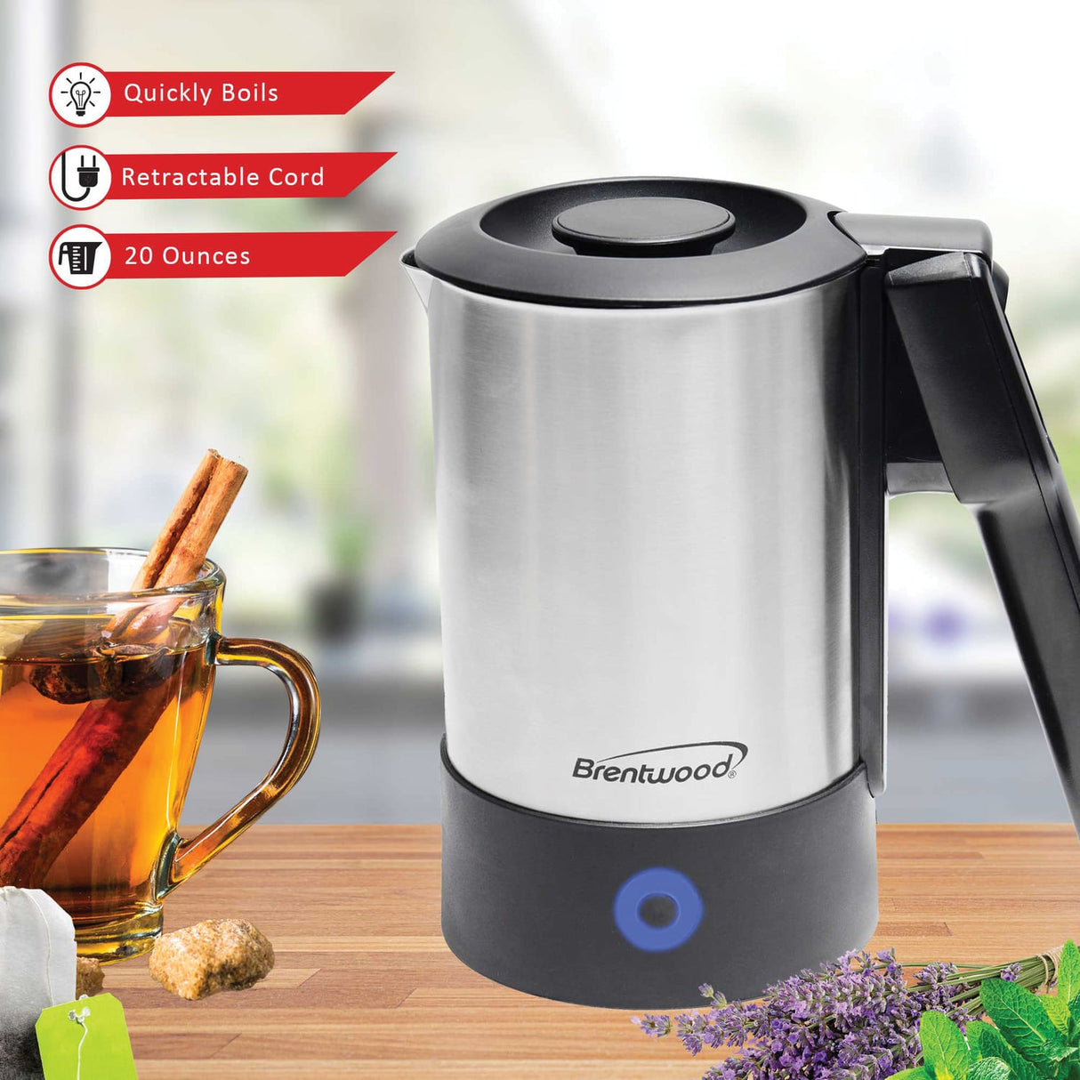 Brentwood KT-1506S 1000-Watt 20-Oz. Dual-Voltage Stainless Steel Electric Travel Kettle, Automatic Shutoff