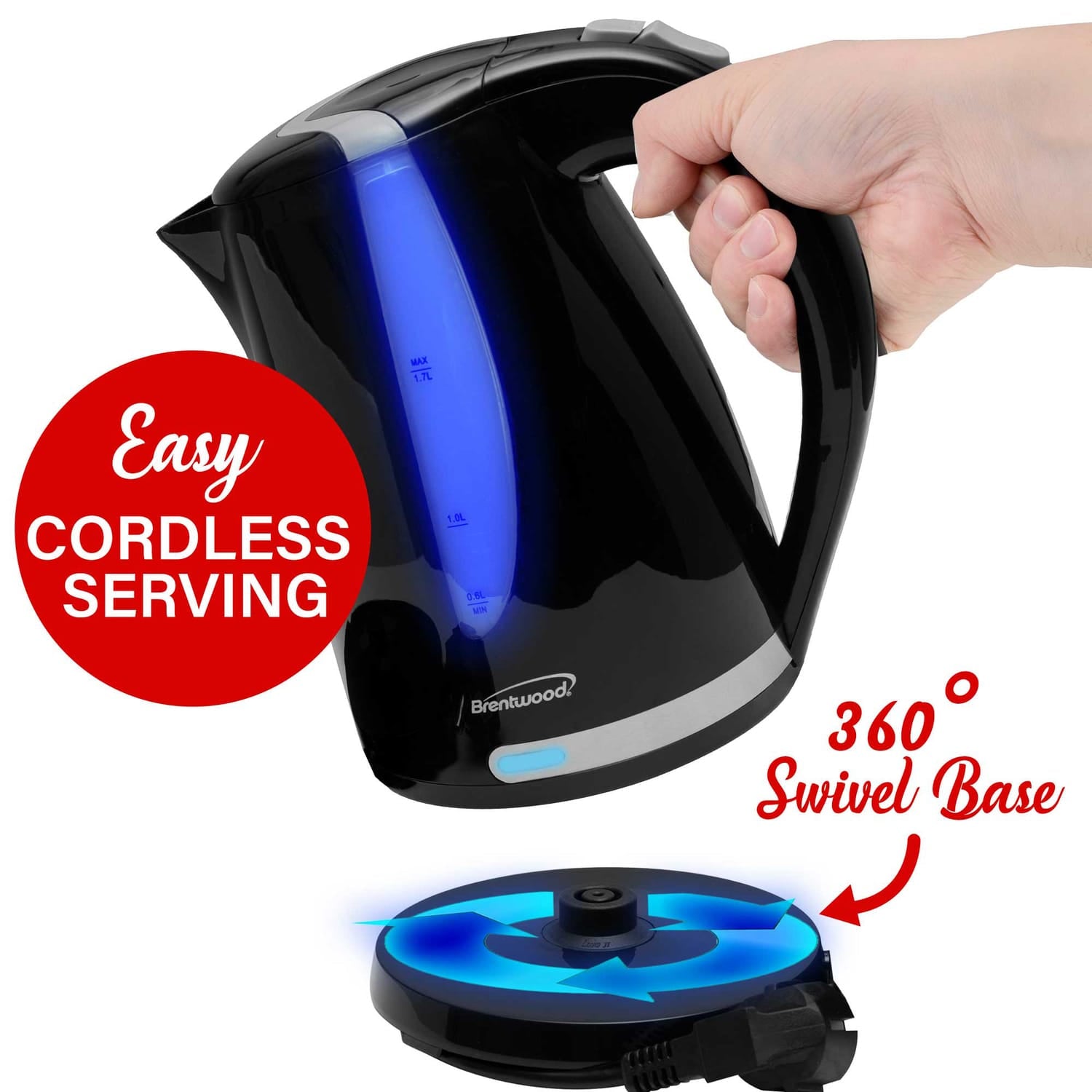 Brentwood 1100W Cordless Electric Kettle with Concealed Stainless Steel Heating Element, 360° Base, Auto Shutoff, Boil-Dry Protection, 1.7 L, Black