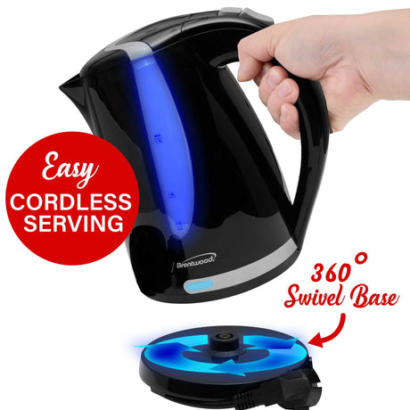 Brentwood 1100W Cordless Electric Kettle with Concealed Stainless Steel Heating Element, 360° Base, Auto Shutoff, Boil-Dry Protection, 1.7 L, Black
