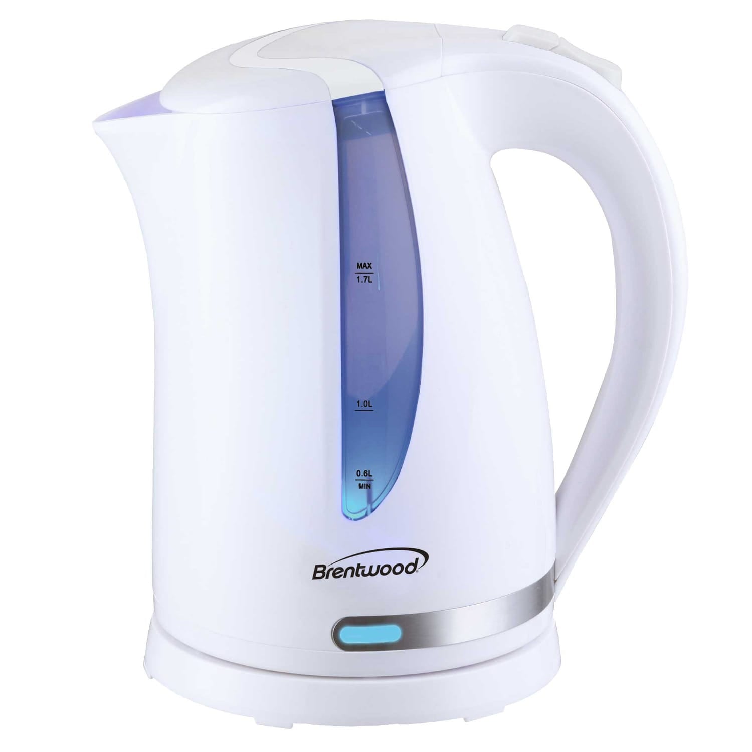Brentwood 1100W Cordless Electric Kettle with Concealed Stainless Steel Heating Element, 360° Base, Auto Shutoff, Boil-Dry Protection, 1.7 L, White