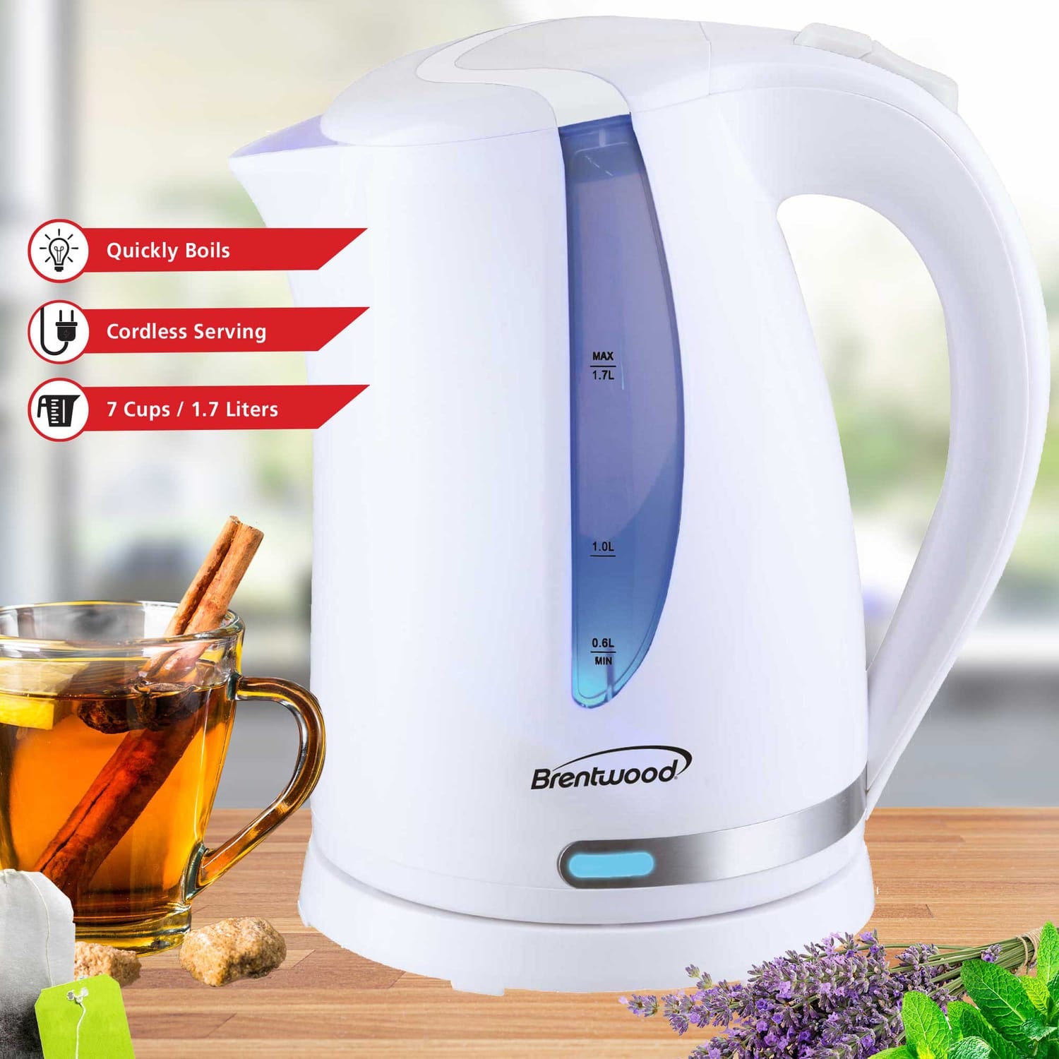 Brentwood 1100W Cordless Electric Kettle with Concealed Stainless Steel Heating Element, 360° Base, Auto Shutoff, Boil-Dry Protection, 1.7 L, White
