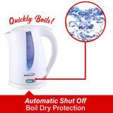 Brentwood 1100W Cordless Electric Kettle with Concealed Stainless Steel Heating Element, 360° Base, Auto Shutoff, Boil-Dry Protection, 1.7 L, White
