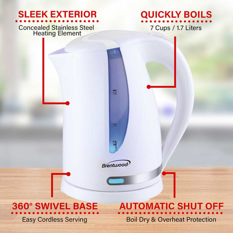 Brentwood 1100W Cordless Electric Kettle with Concealed Stainless Steel Heating Element, 360° Base, Auto Shutoff, Boil-Dry Protection, 1.7 L, White