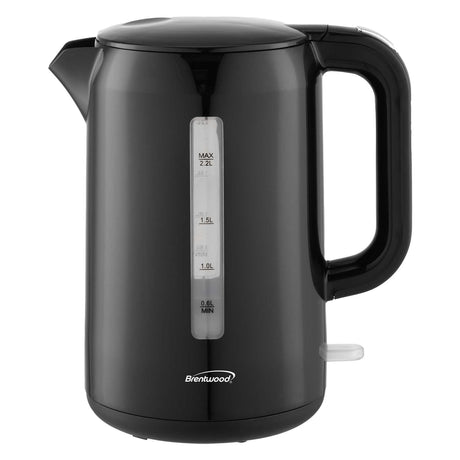 Brentwood 1100W Cordless Electric Kettle with Concealed Stainless Steel Heating Element, 360° Base, Auto Shutoff, Boil-Dry Protection, 2.2 L, Black