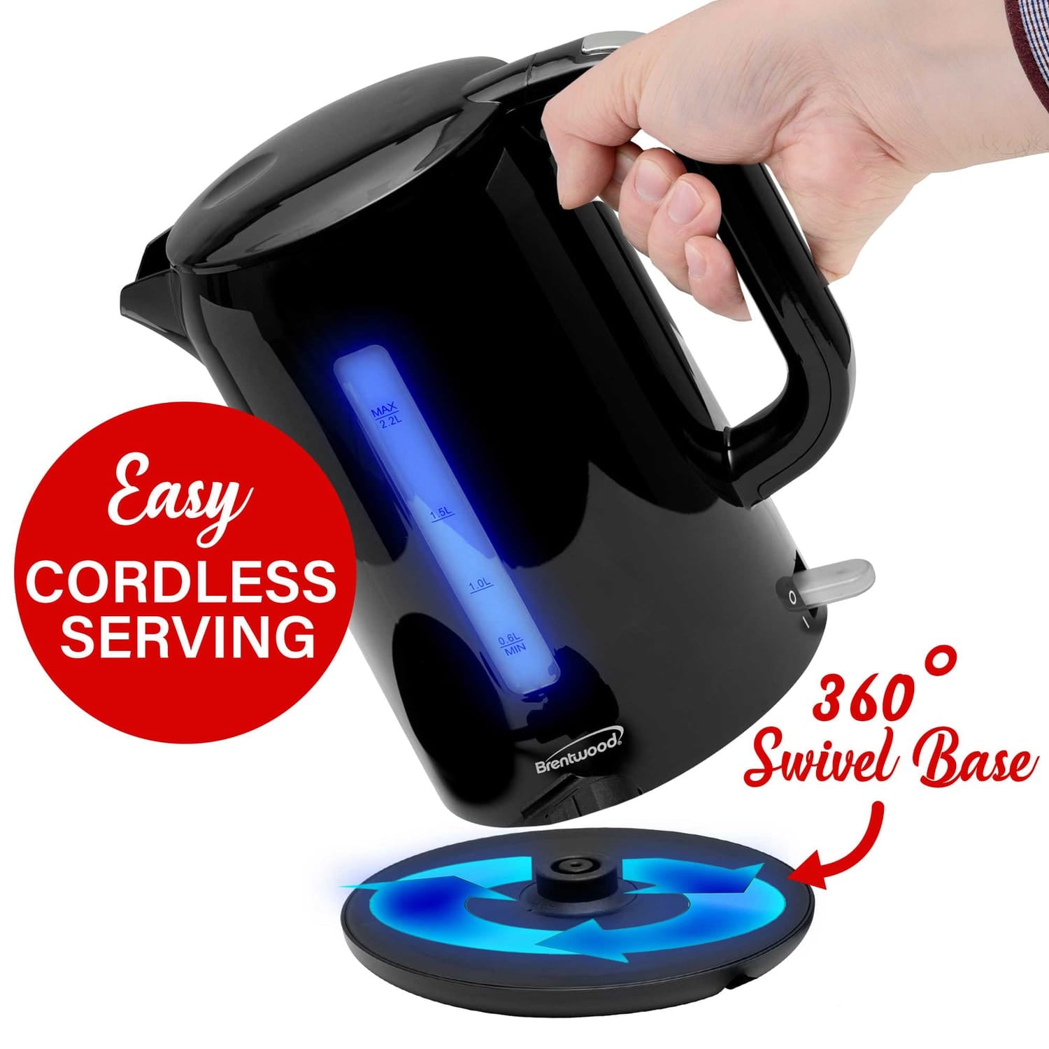 Brentwood 1100W Cordless Electric Kettle with Concealed Stainless Steel Heating Element, 360° Base, Auto Shutoff, Boil-Dry Protection, 2.2 L, Black