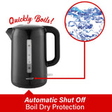 Brentwood 1100W Cordless Electric Kettle with Concealed Stainless Steel Heating Element, 360° Base, Auto Shutoff, Boil-Dry Protection, 2.2 L, Black