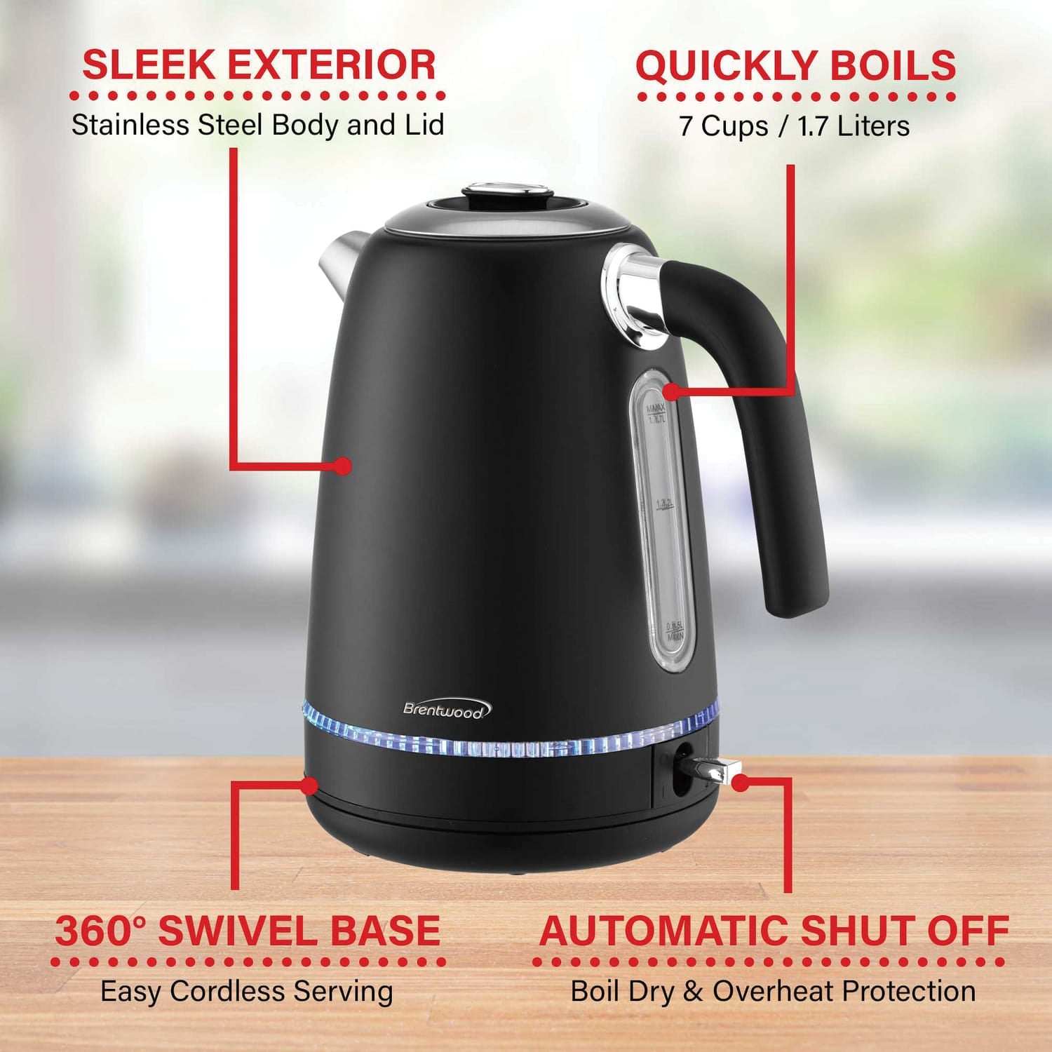 Brentwood 7-Cup 1500-Watt Cordless Electric Stainless Steel Kettle, Black
