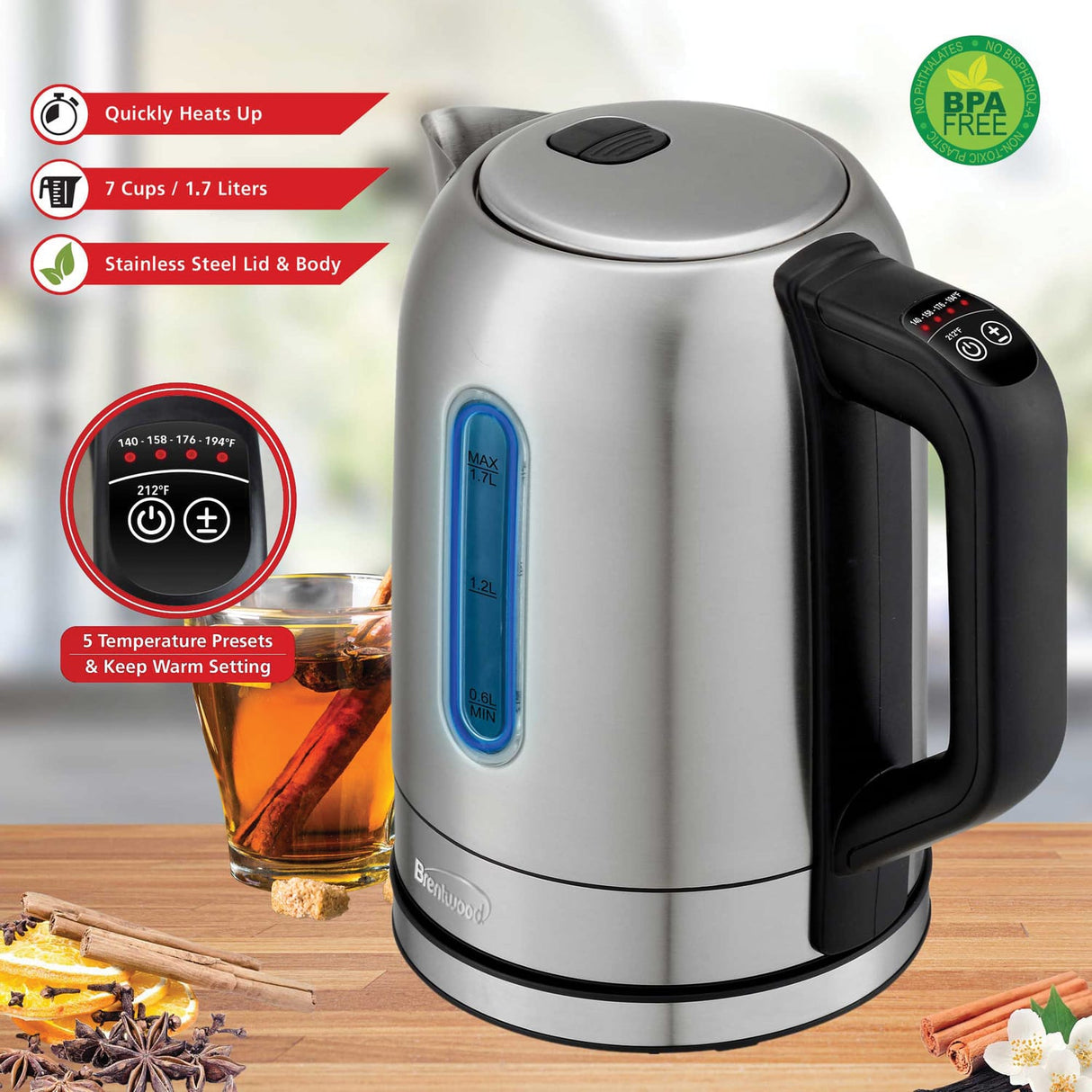 Brentwood 1500-Watt 1.79-Qt. Cordless Digital Stainless Steel Kettle with 5 Temperature Presets and Swivel Base