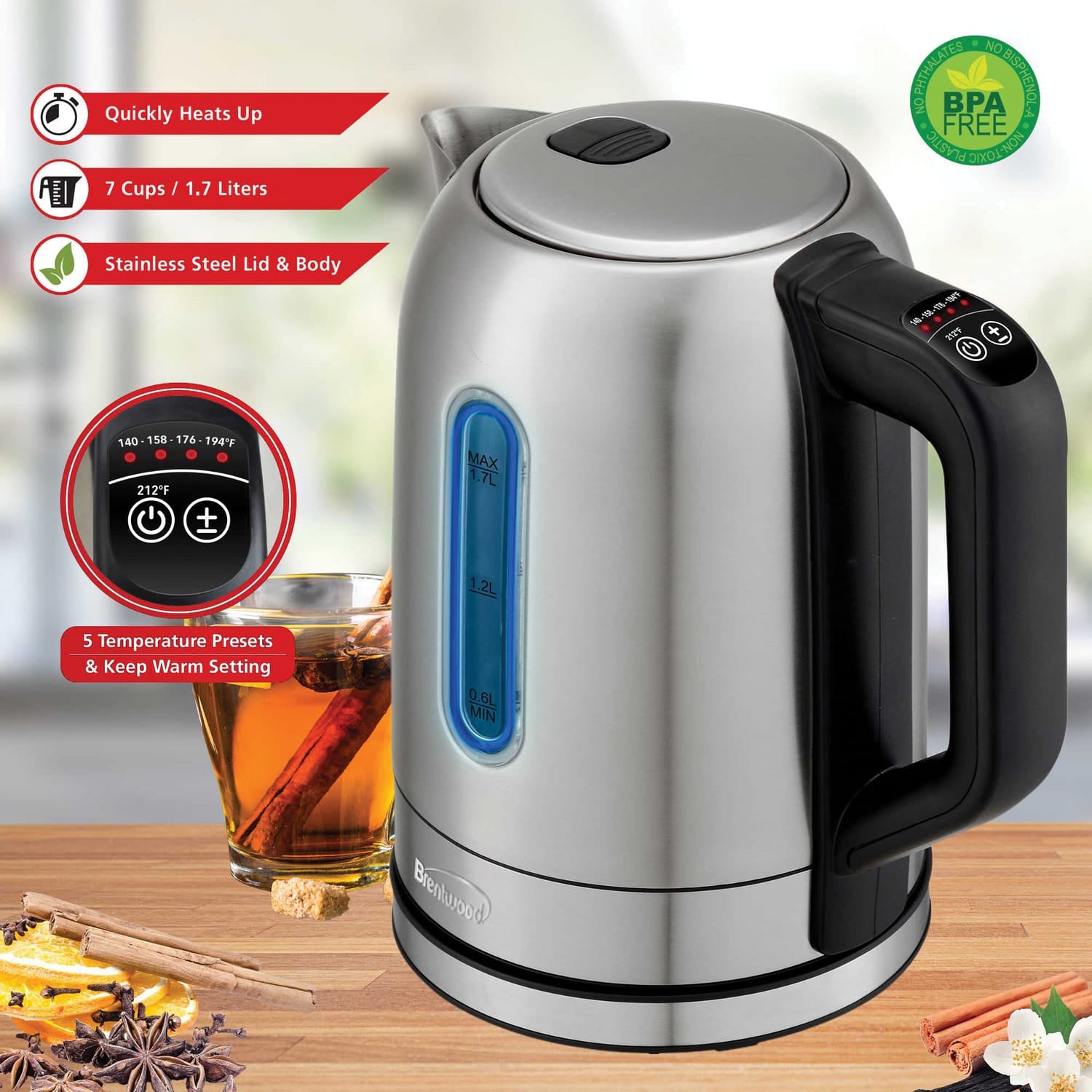 Brentwood 1500-Watt 1.79-Qt. Cordless Digital Stainless Steel Kettle with 5 Temperature Presets and Swivel Base