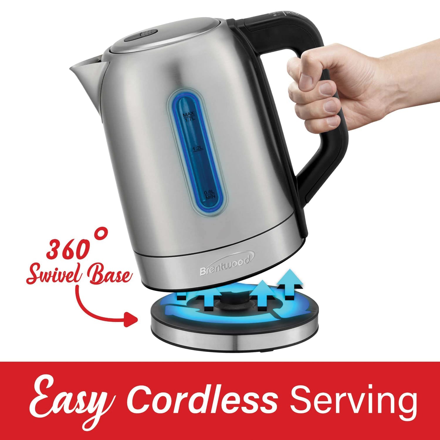 Brentwood 1500-Watt 1.79-Qt. Cordless Digital Stainless Steel Kettle with 5 Temperature Presets and Swivel Base