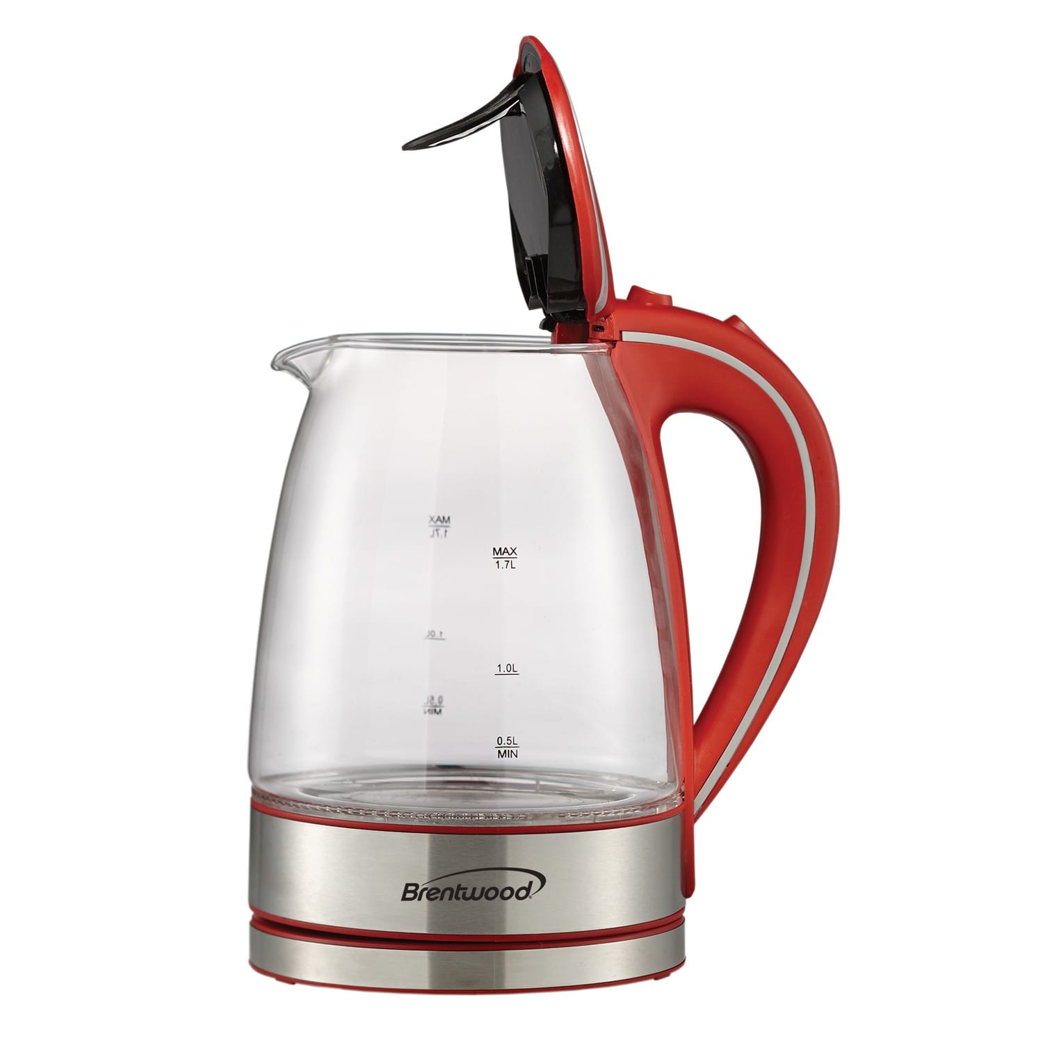 Brentwood 1100-Watt 1.8-Qt. 7-Cup Cordless Tempered-Glass Electric Kettle with Auto Shut-off, Red