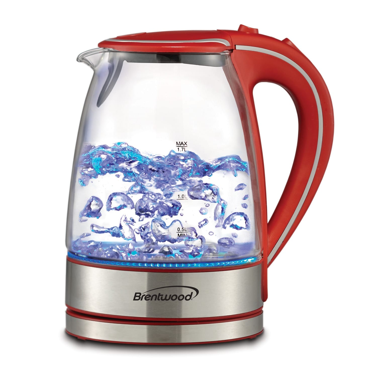 Brentwood 1100-Watt 1.8-Qt. 7-Cup Cordless Tempered-Glass Electric Kettle with Auto Shut-off, Red