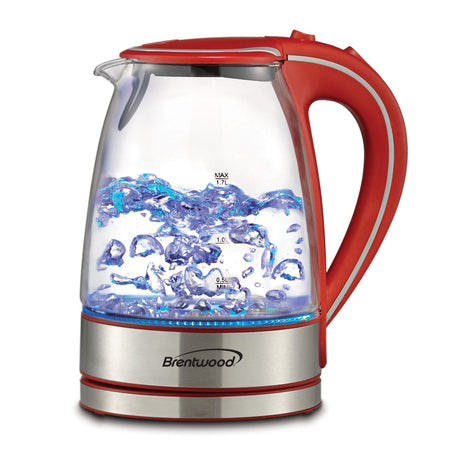 Brentwood 1100-Watt 1.8-Qt. 7-Cup Cordless Tempered-Glass Electric Kettle with Auto Shut-off, Red