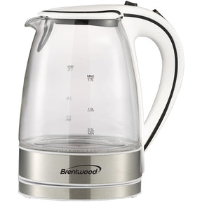 Brentwood 1100-Watt 1.8-Qt. 7-Cup Cordless Tempered-Glass Electric Kettle with Auto Shut-off, White