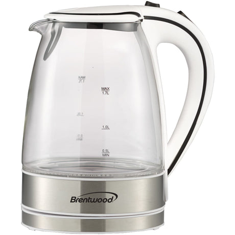 Brentwood 1100-Watt 1.8-Qt. 7-Cup Cordless Tempered-Glass Electric Kettle with Auto Shut-off, White