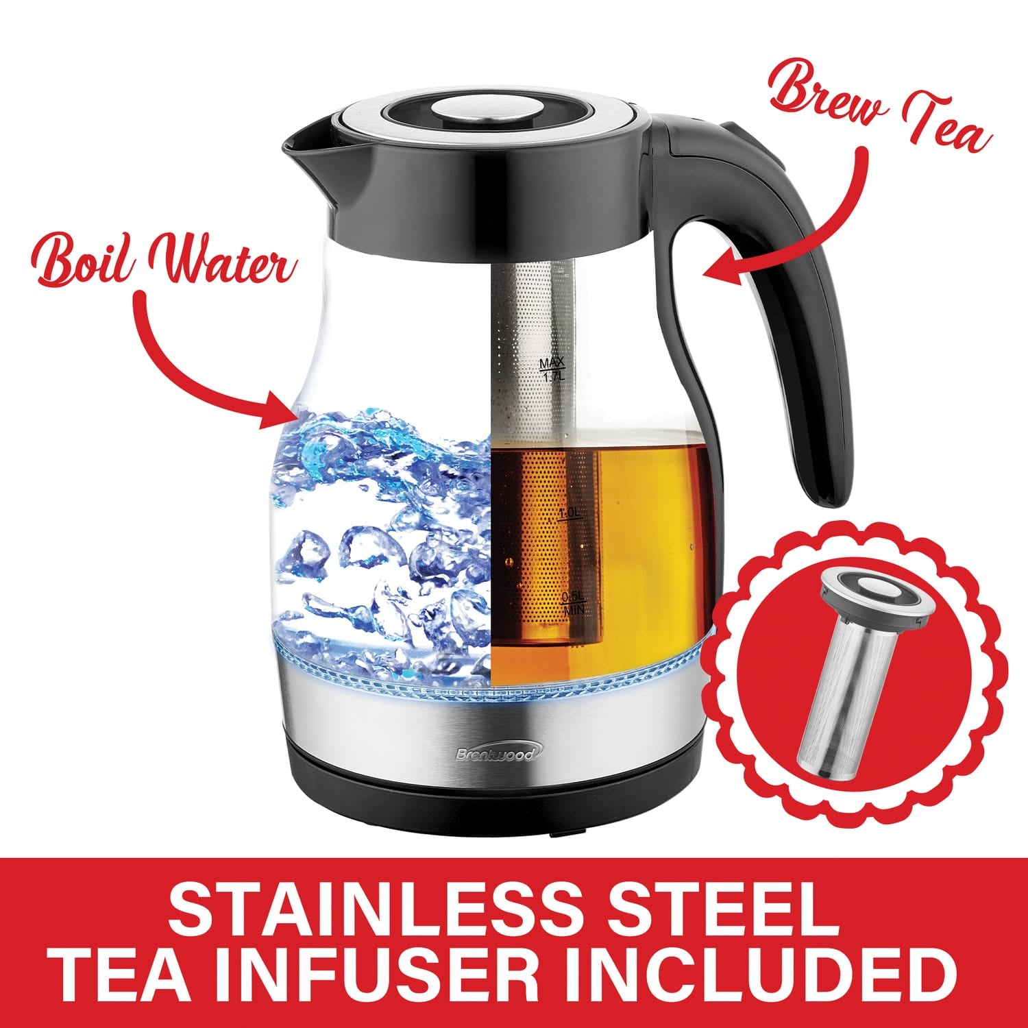 Brentwood 1.79-Qt. 1100-Watt Cordless Glass Electric Kettle with Tea Infuser and Swivel Base, Black