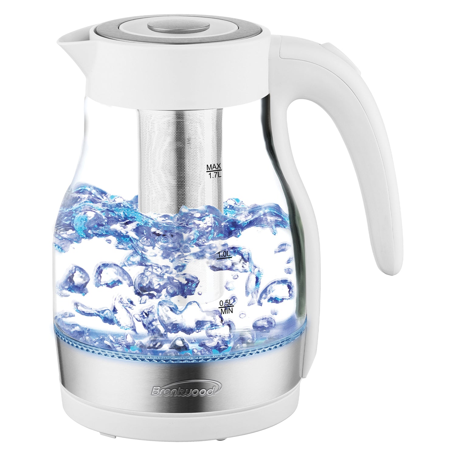 Brentwood 1.79-Qt. 1100-Watt Cordless Glass Electric Kettle with Tea Infuser and Swivel Base, White