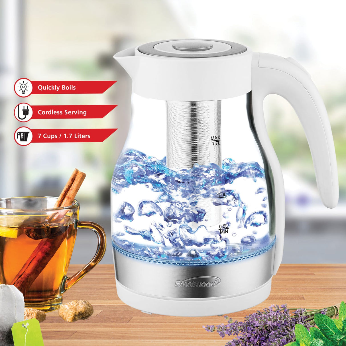 Brentwood 1.79-Qt. 1100-Watt Cordless Glass Electric Kettle with Tea Infuser and Swivel Base, White