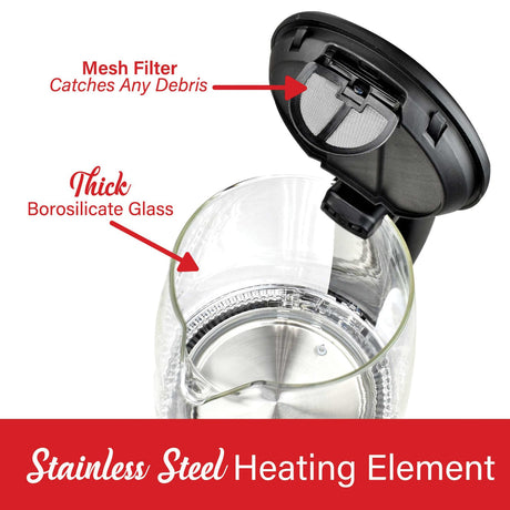Brentwood 1.79-Qt. Cordless Digital Glass Electric Kettle with 6 Precise Temperature Presets and Swivel Base