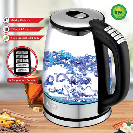 Brentwood 1.79-Qt. Cordless Digital Glass Electric Kettle with 6 Precise Temperature Presets and Swivel Base