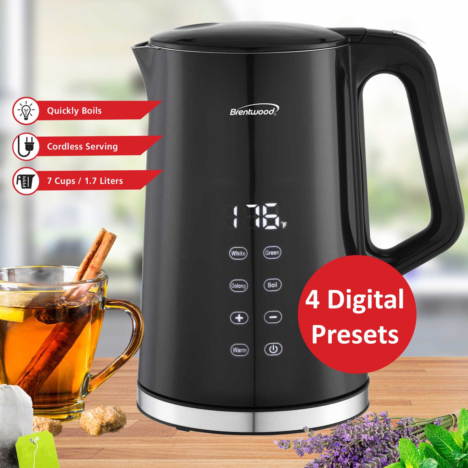 Brentwood 1100-Watt 1.7-L Cordless Cool-Touch Digital Electric Kettle with Stainless Steel Interior, BTWKT2015DBK