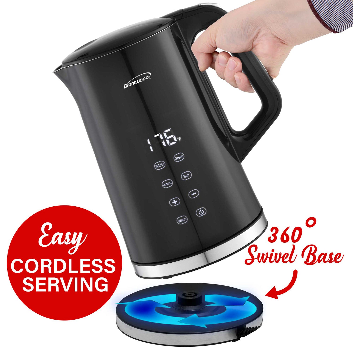 Brentwood 1100-Watt 1.7-L Cordless Cool-Touch Digital Electric Kettle with Stainless Steel Interior, BTWKT2015DBK