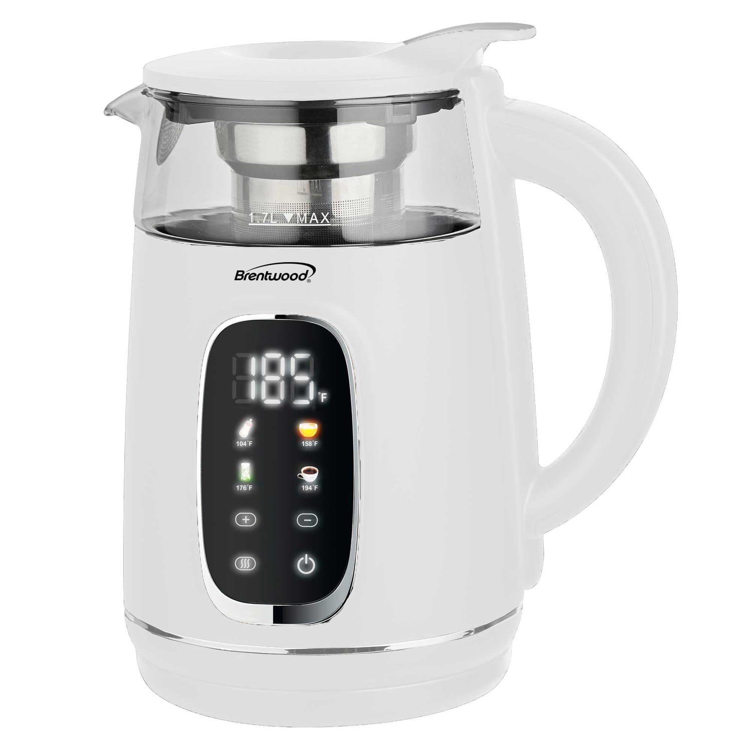 Brentwood 1100-Watt 1.7-L Cordless Digital Glass Electric Kettle with Tea Infuser, White